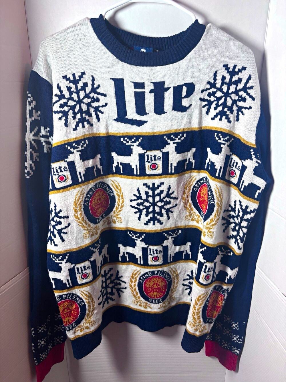 Miller Lite Breweriana Ugly Christmas Knit Pullover Sweater XL Snowflake Deer